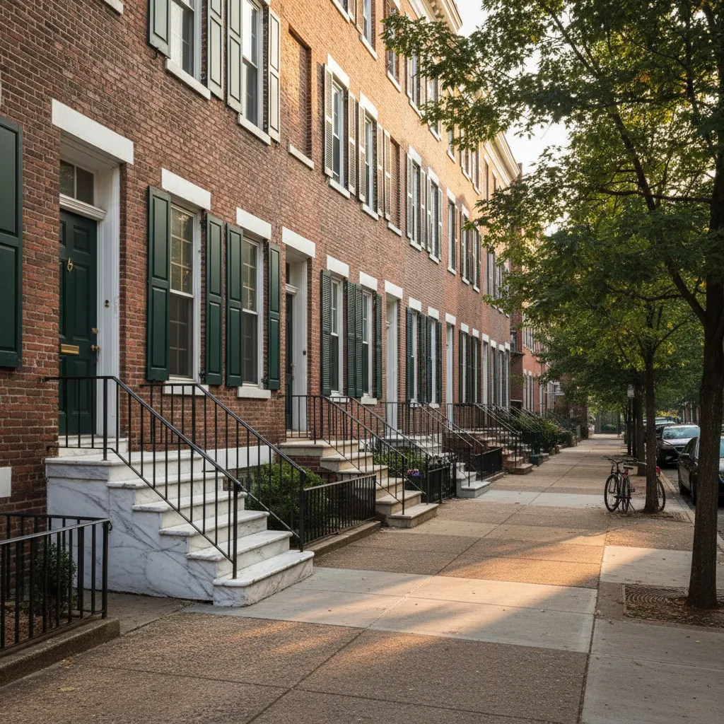 Traditional Philadelphia brick row houses along a residential street
