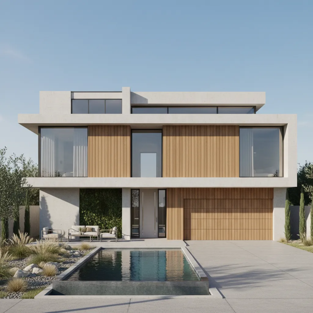 Modern house exterior with a swimming pool white walls wood panels and outdoor patio area