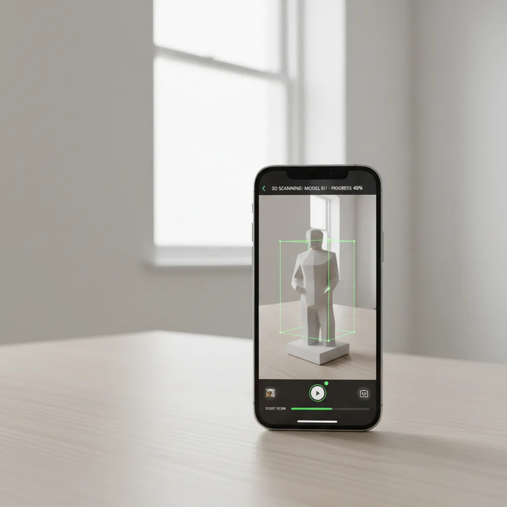 Smartphone scanning an object with a photogrammetry app interface visible