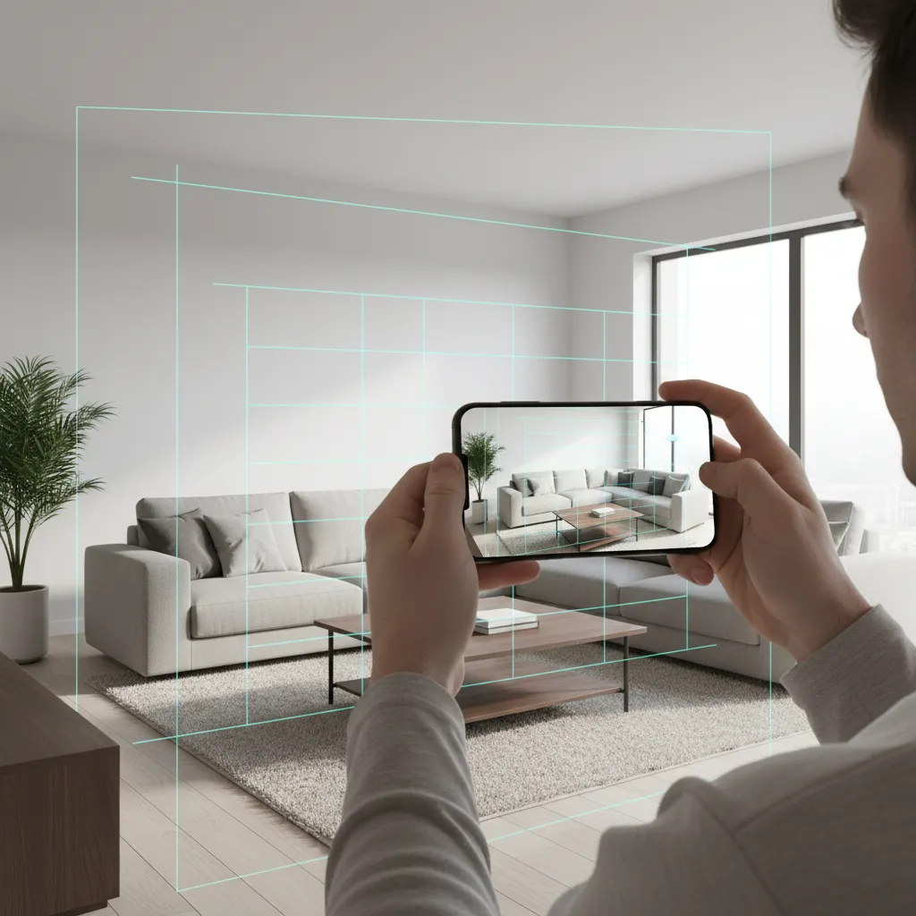 person slowly scanning living room walls with smartphone AR app