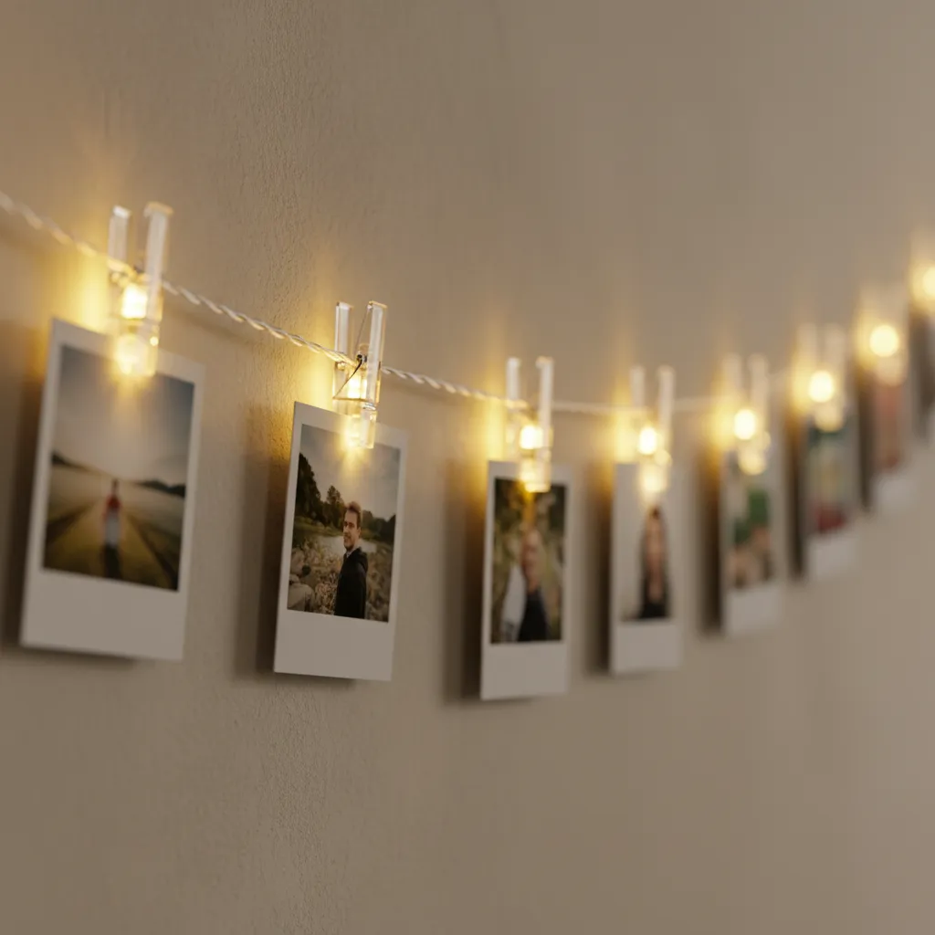 Close-up of photo clip string lights holding printed photos
