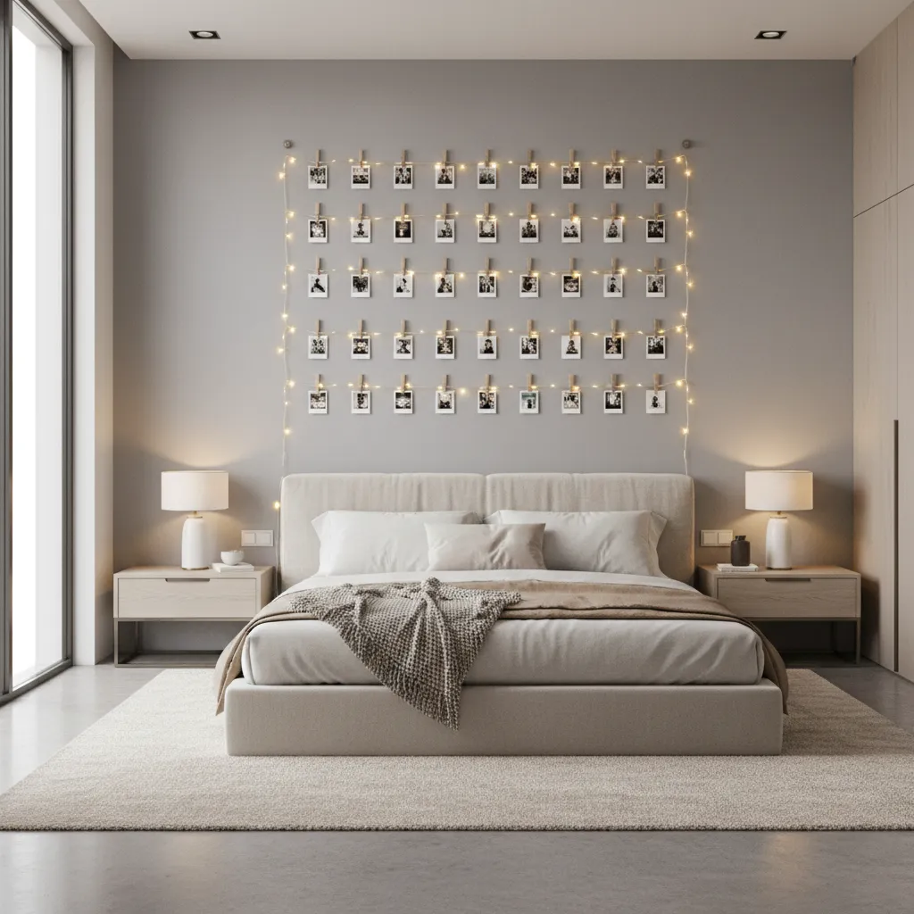 Grid layout of photo clip lights and printed photos arranged neatly on wall