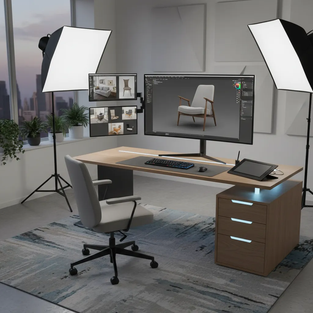 3D artist modeling furniture using multiple photo references on screen