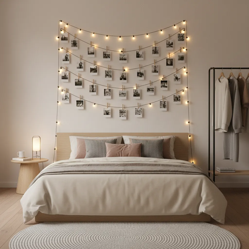 Bedroom wall decorated with photos clipped to warm string lights