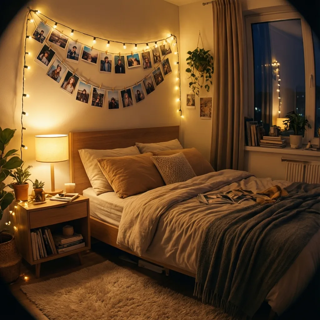Bedroom photo string lights clipped with small printed photos