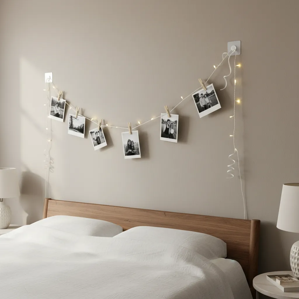 Photo clip string lights partially falling from wall with loose adhesive hooks