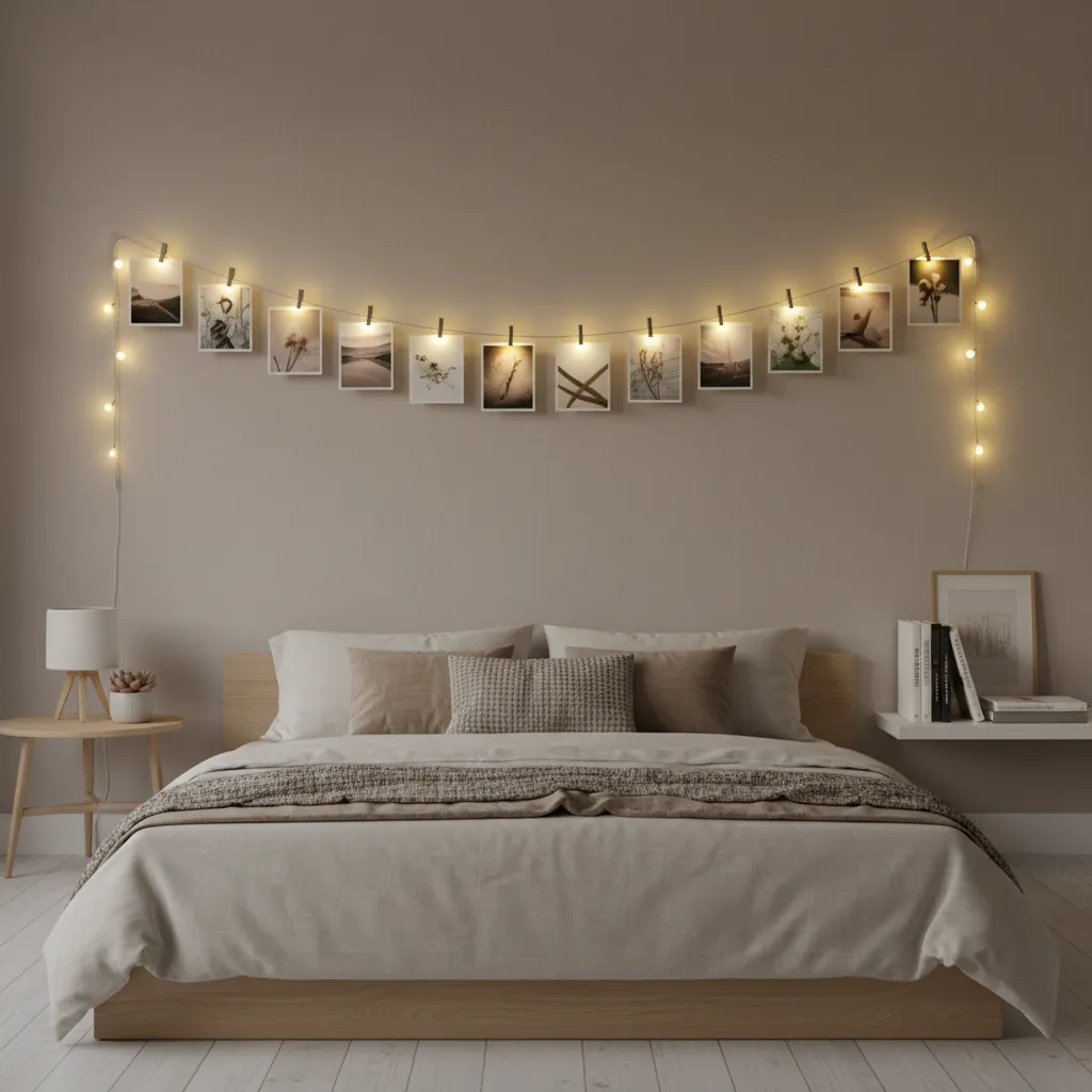 Photo string lights with clips holding printed pictures on a wall