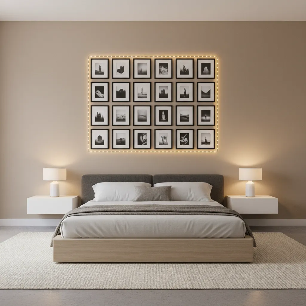 Grid layout photo wall arrangement with decorative lights in a bedroom