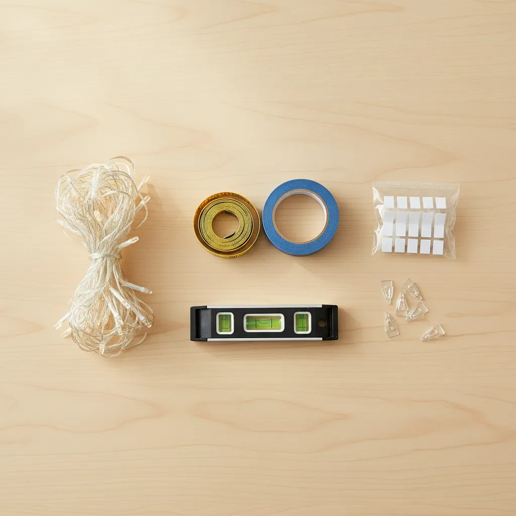 Tools used for installing photo string lights on a wall