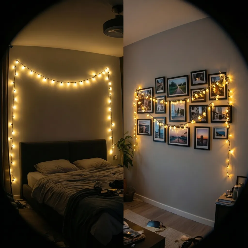 Side by side comparison of structured photo clip lights and loose fairy lights