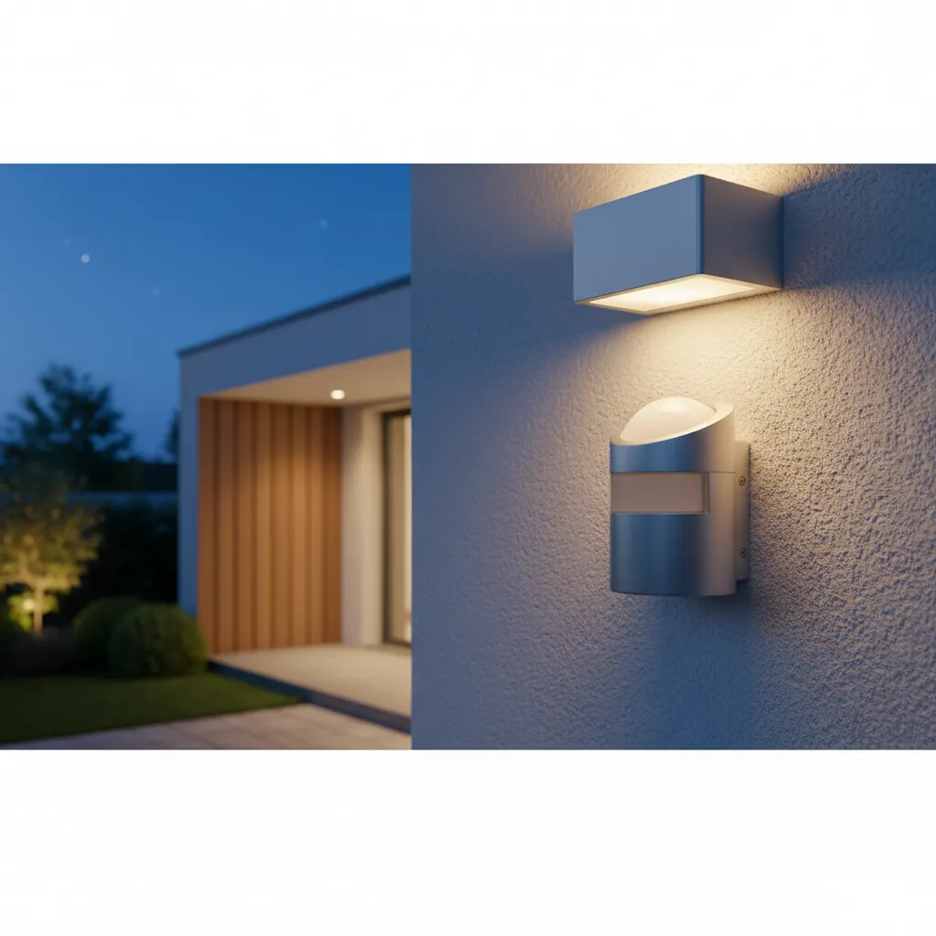 Outdoor photocell sensor controlling dusk to dawn lighting on a residential wall