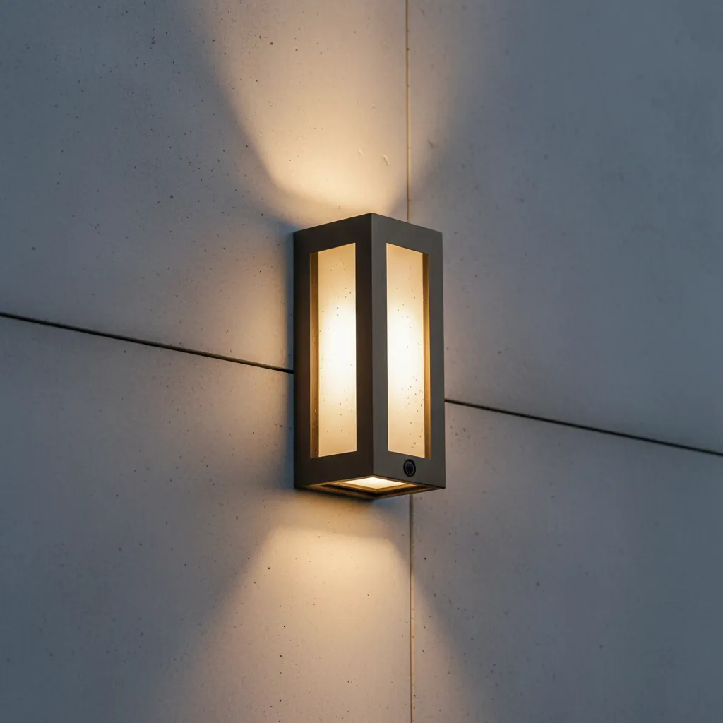 Close view of a photocell dusk to dawn sensor installed on an outdoor wall light
