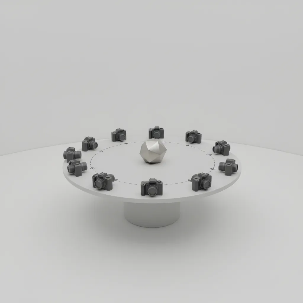 Diagram style scene showing circular photo capture path around an object for photogrammetry