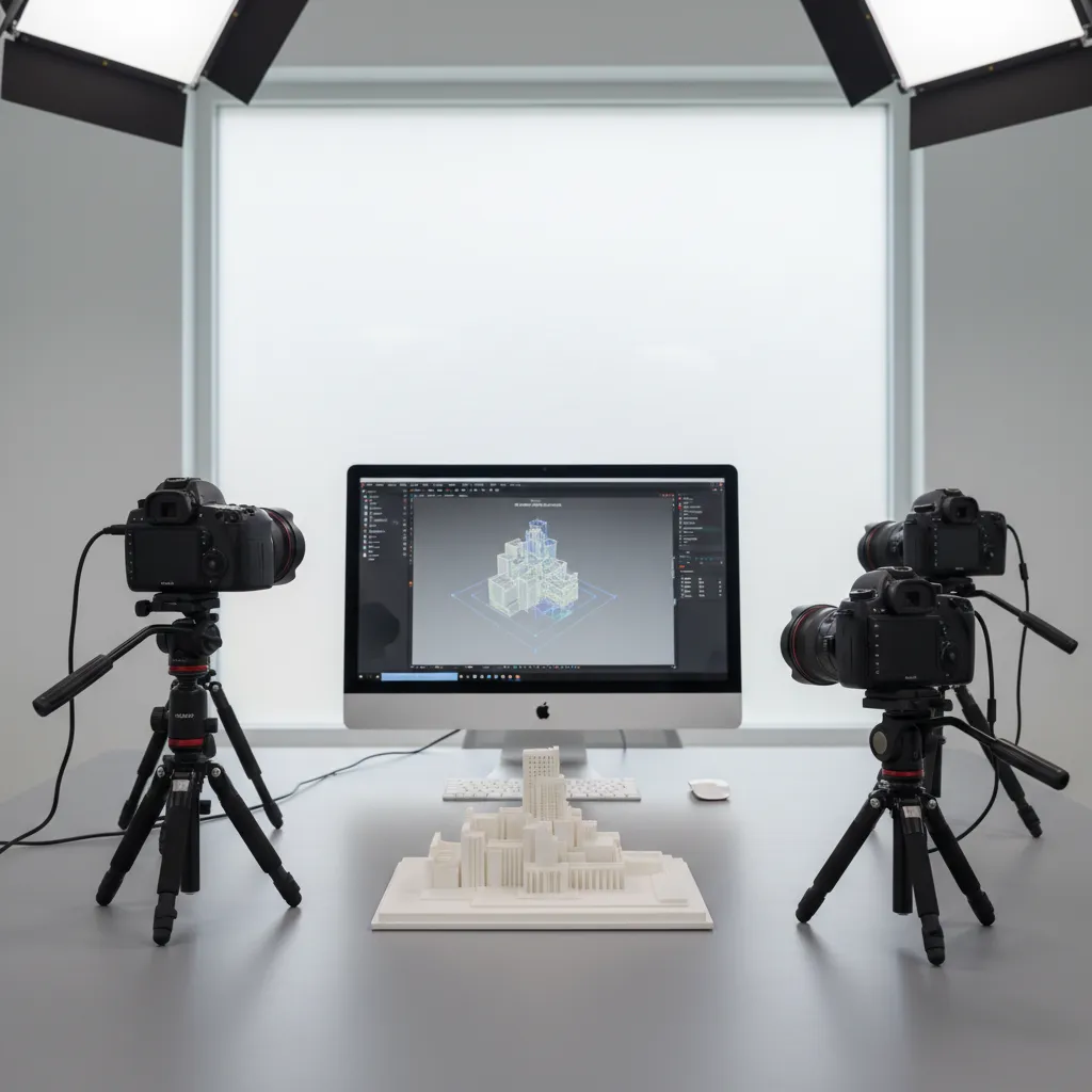 Object surrounded by camera angles for photogrammetry scanning