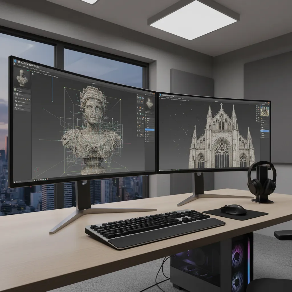 computer screen displaying photogrammetry software generating a 3D mesh model