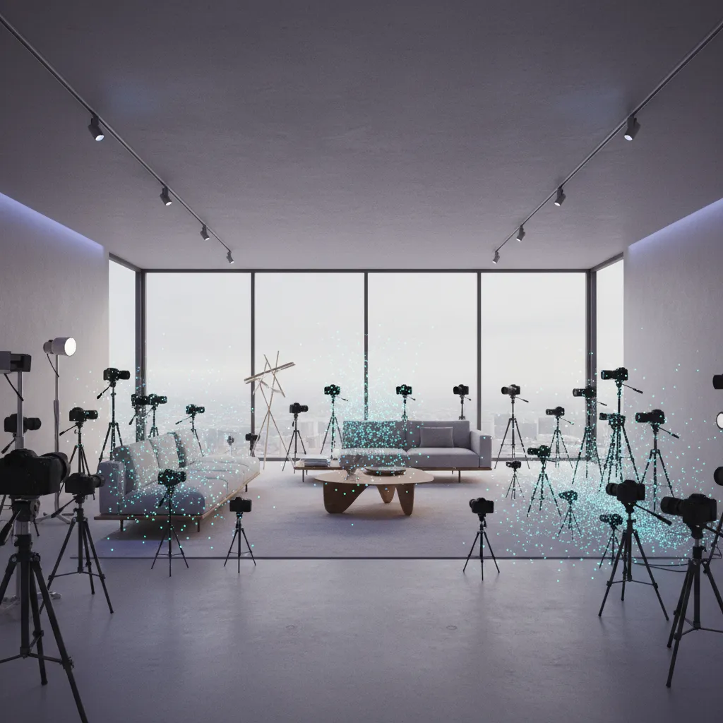 Cameras on tripods surrounding grey sofa and coffee table with glowing blue digital data dots