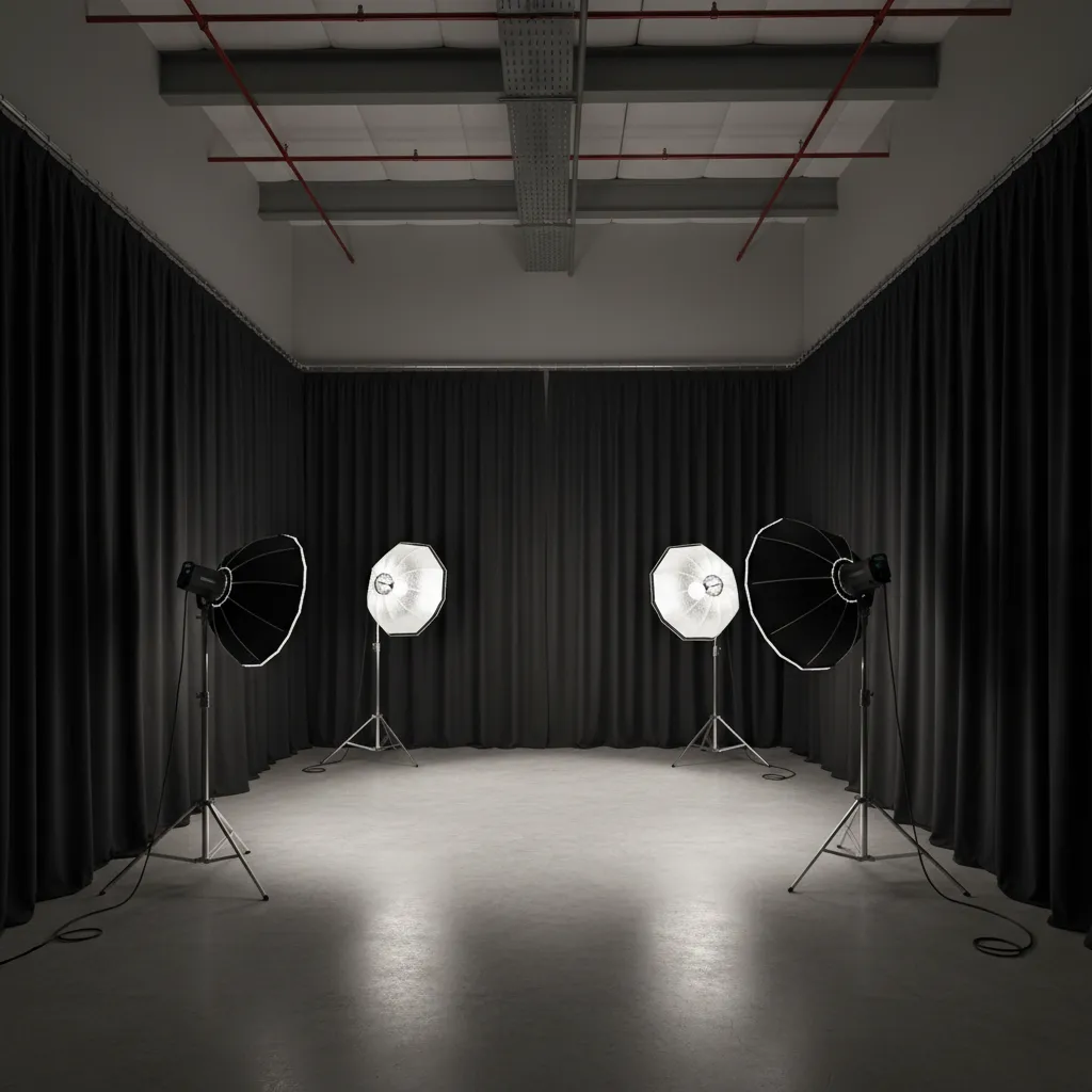 Professional photography studio with blackout curtains covering windows
