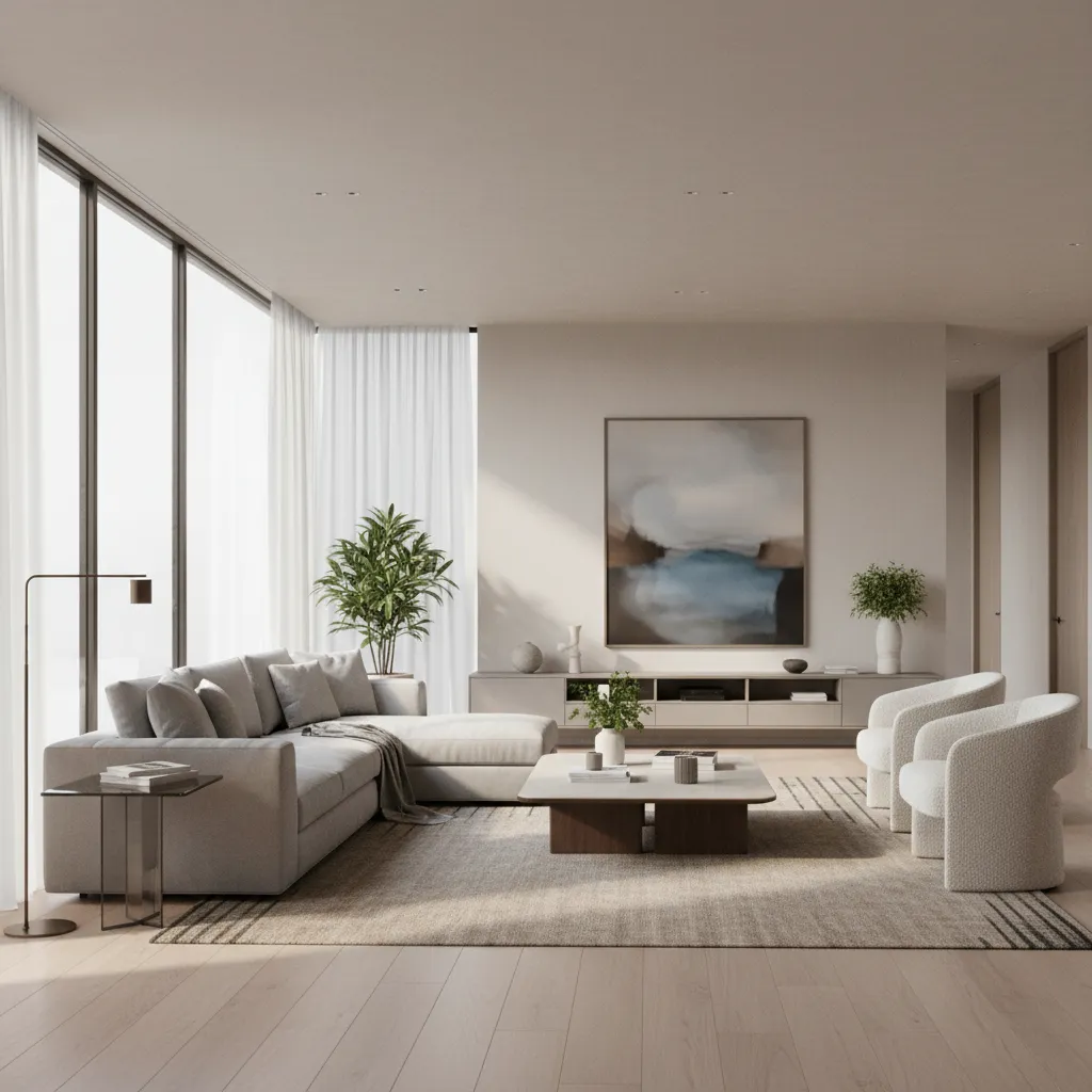 photorealistic 3D rendered living room showing materials lighting and furniture layout