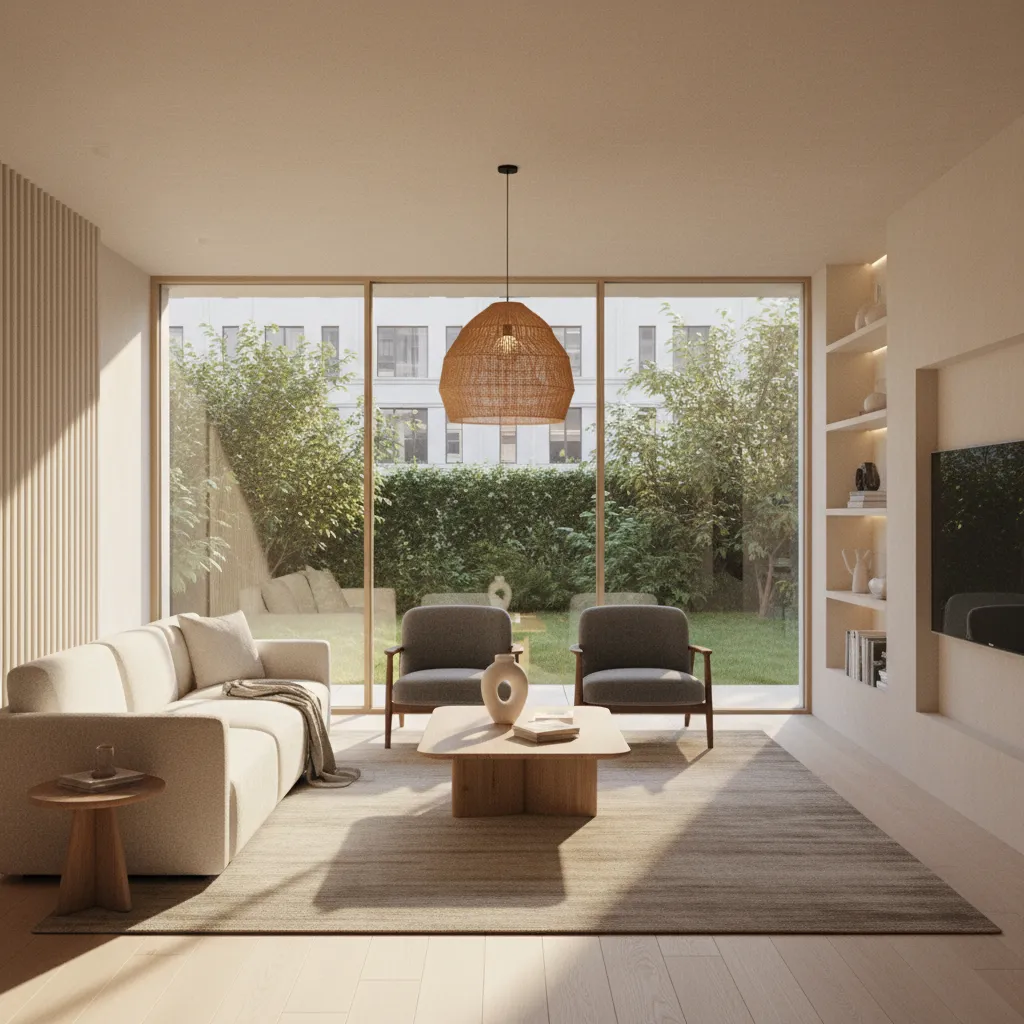 photorealistic 3D architectural rendering of modern living space with natural lighting