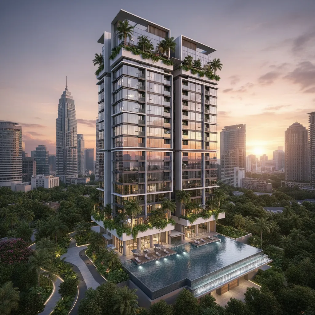 photorealistic architectural exterior rendering of a modern high rise building