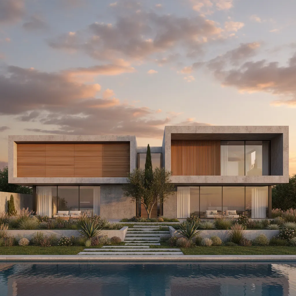 Photorealistic exterior architectural rendering of a modern home