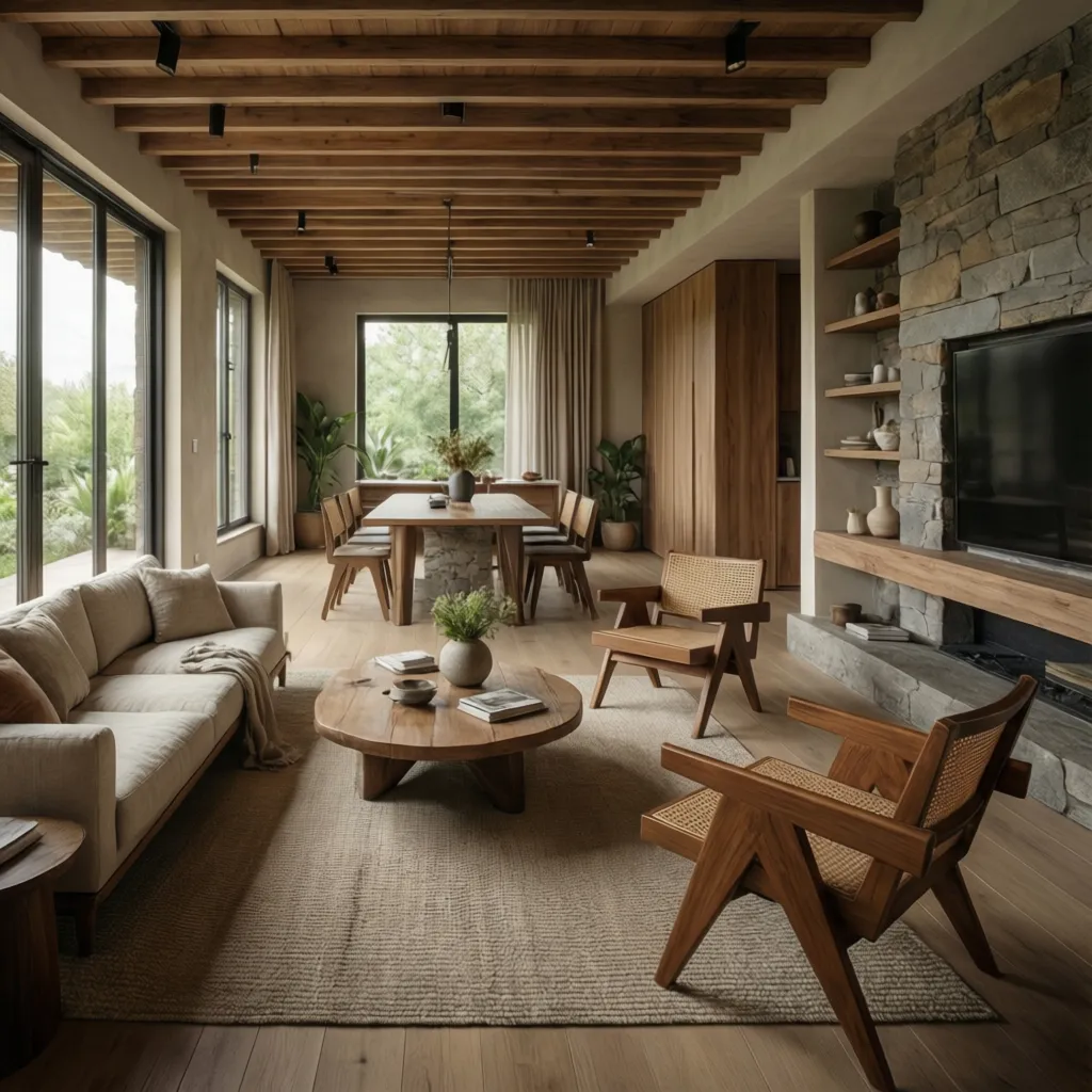Rustic living room with wooden ceiling beams, stone wall, sofa, wooden chairs, and dining area