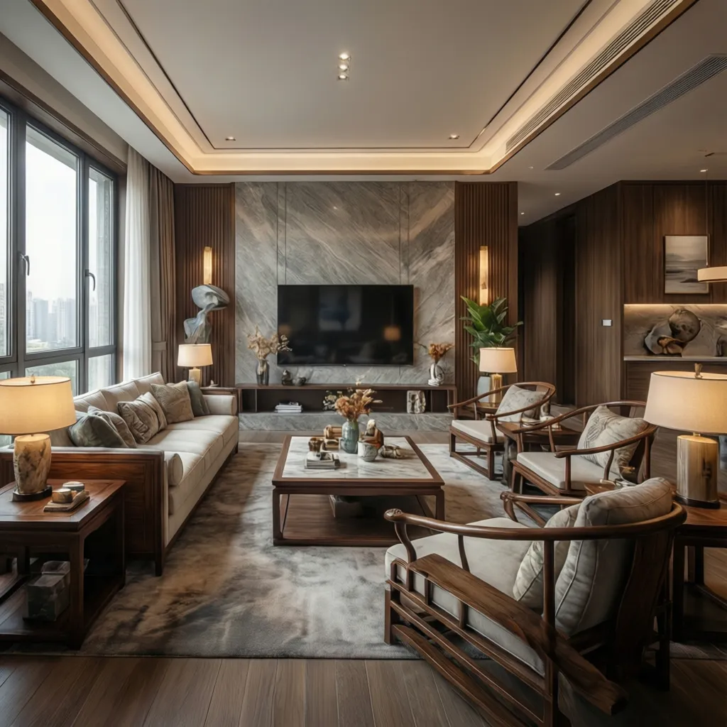 Luxurious living room featuring marble wall, large window, cream sofa, wooden chairs, and light fixtures