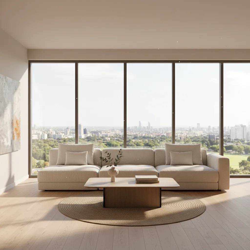 Photorealistic living room render created from a converted floor plan model