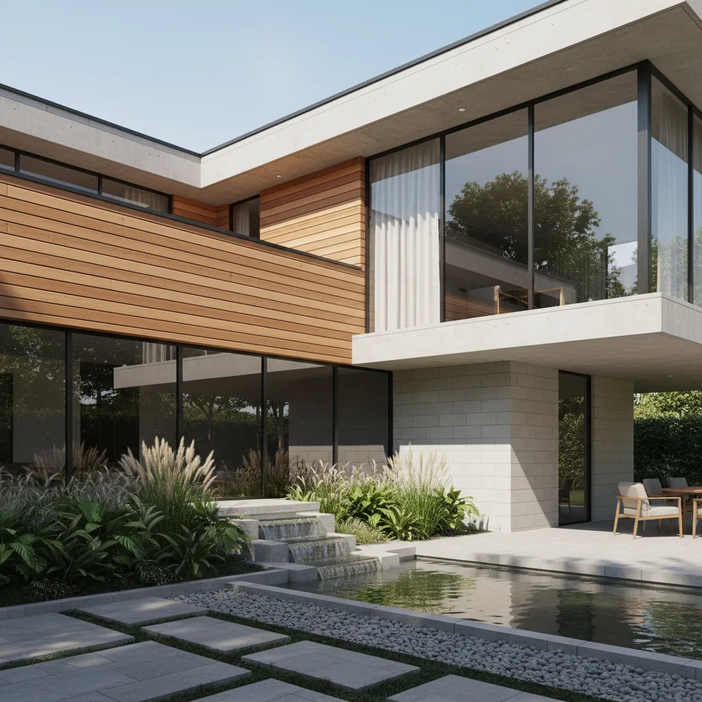 photorealistic exterior house rendering with landscaping and natural lighting