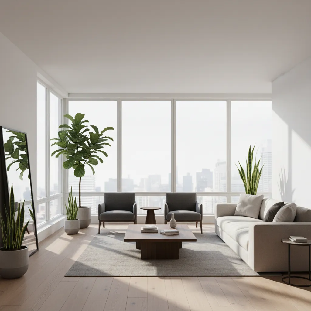 photorealistic 3D rendered modern apartment living room interior