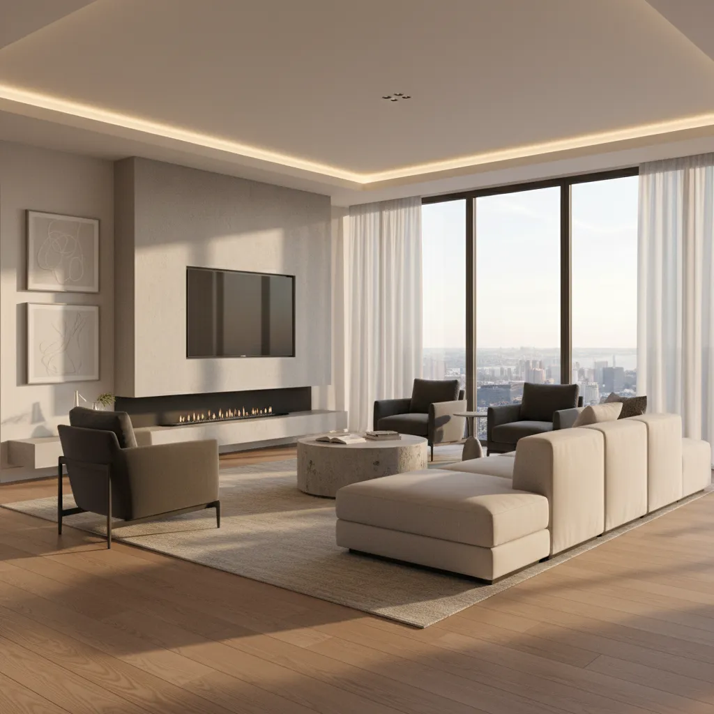 Modern living room with beige sofa fireplace television large windows city view and light wood floor