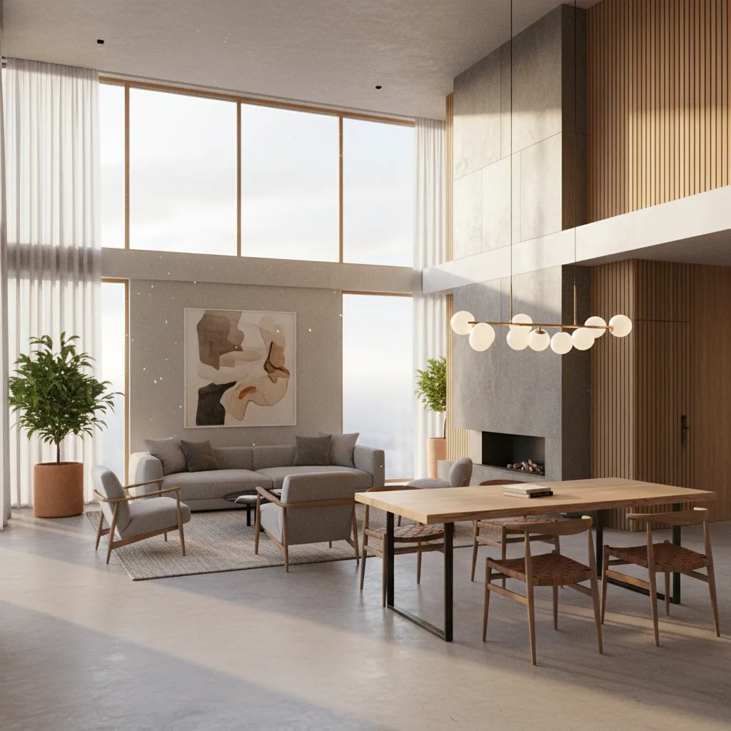 Modern living room with grey sofa wooden table large windows fireplace and a ceiling light