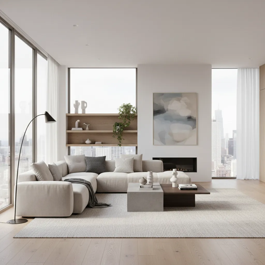 Render realista de un salón moderno generado digitalmente