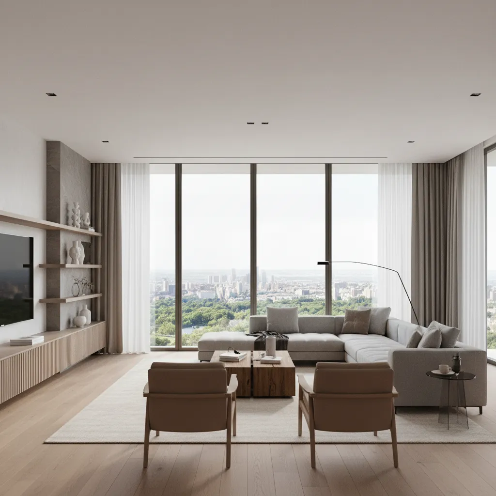 Modern living room interior design drawing with grey sofa wooden coffee table and large windows