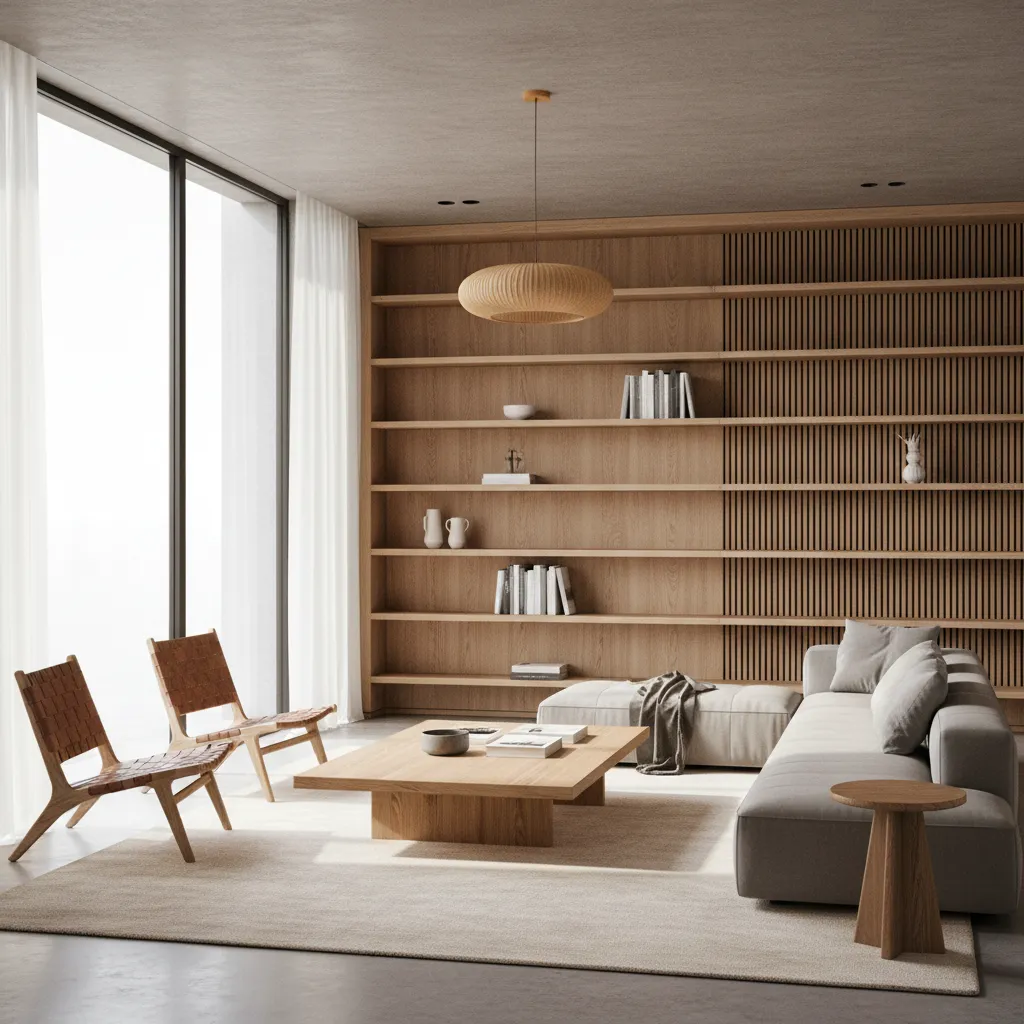 Render fotorrealista de un salón moderno con materiales naturales