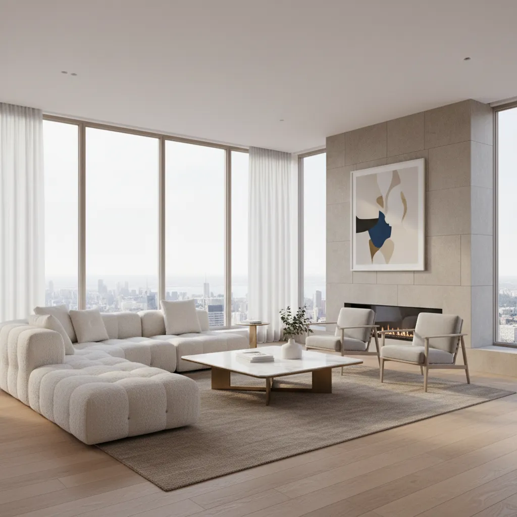 Photorealistic 3D render of a modern living room interior design