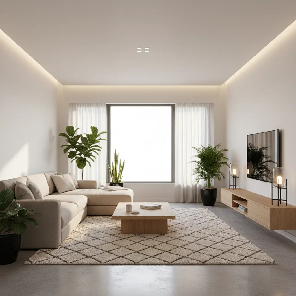 Photorealistic living room rendering used for interior design presentation
