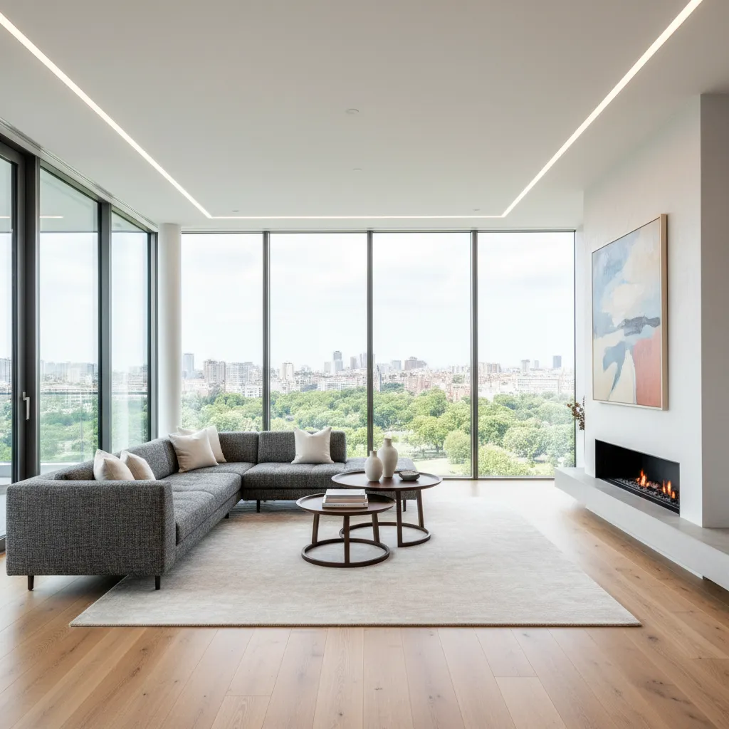 Modern living room with grey sofa wooden floor fireplace large windows and city park view