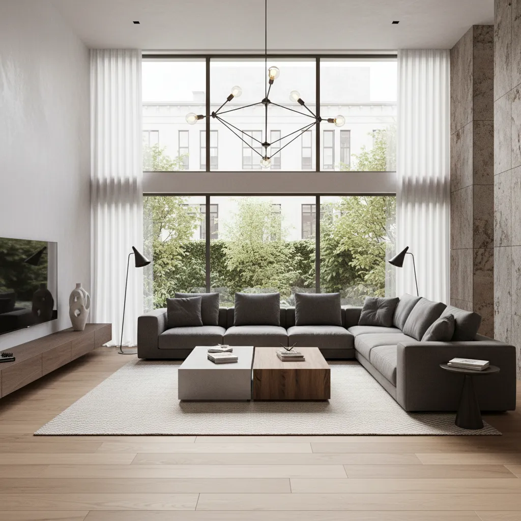 Photorealistic rendering of a modern living room created with interior design rendering software