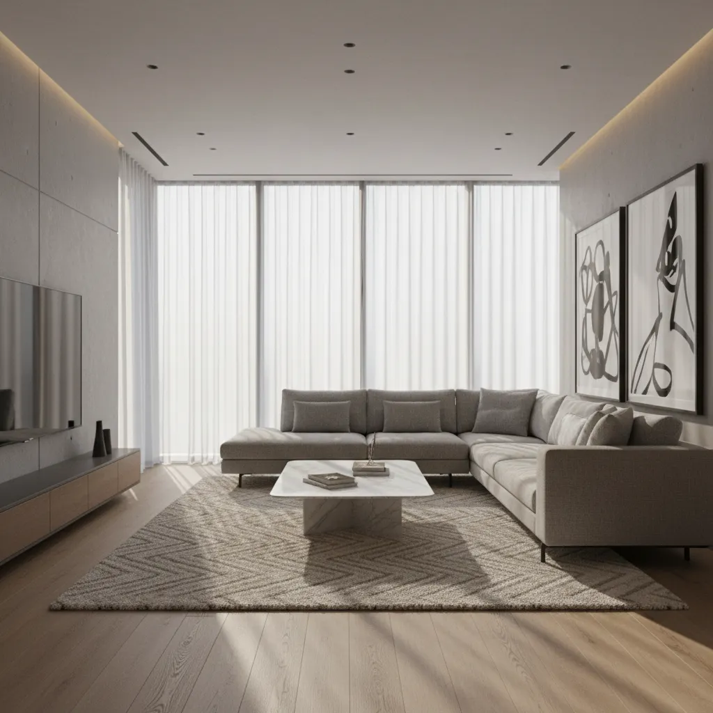 Photorealistic interior rendering of a modern living room with natural lighting