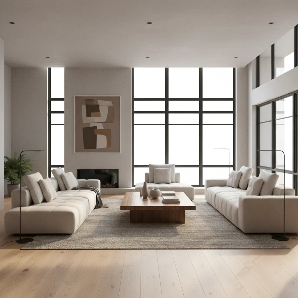 Photorealistic interior living room rendering with realistic lighting and materials