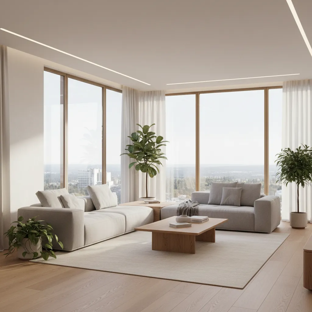 Photorealistic interior living room render showing natural lighting and materials