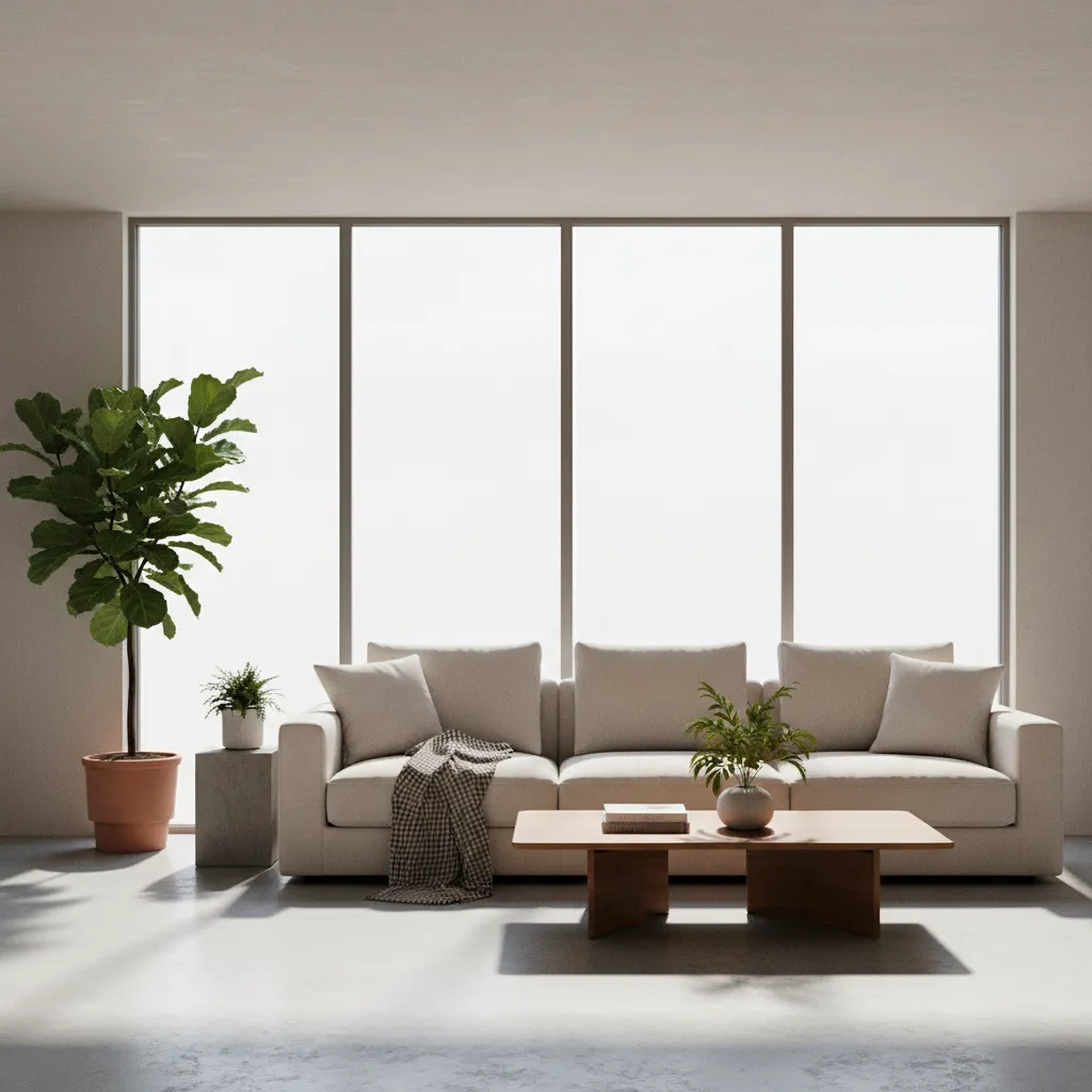 Minimalist living room featuring beige sofa wooden coffee table potted green plants and large bright windows