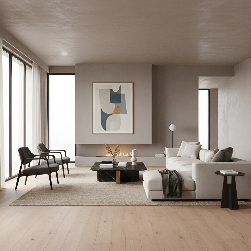 Final photorealistic interior render of a modern apartment living space