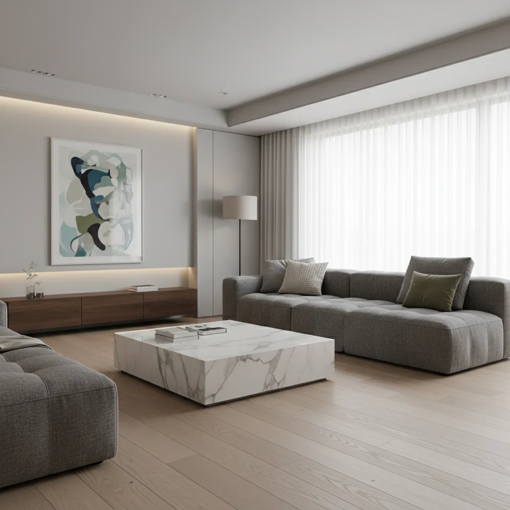 Photorealistic room render showing lighting and material combination testing