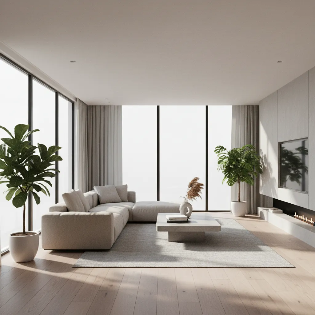 Photorealistic living room 3D render with natural light and modern furniture