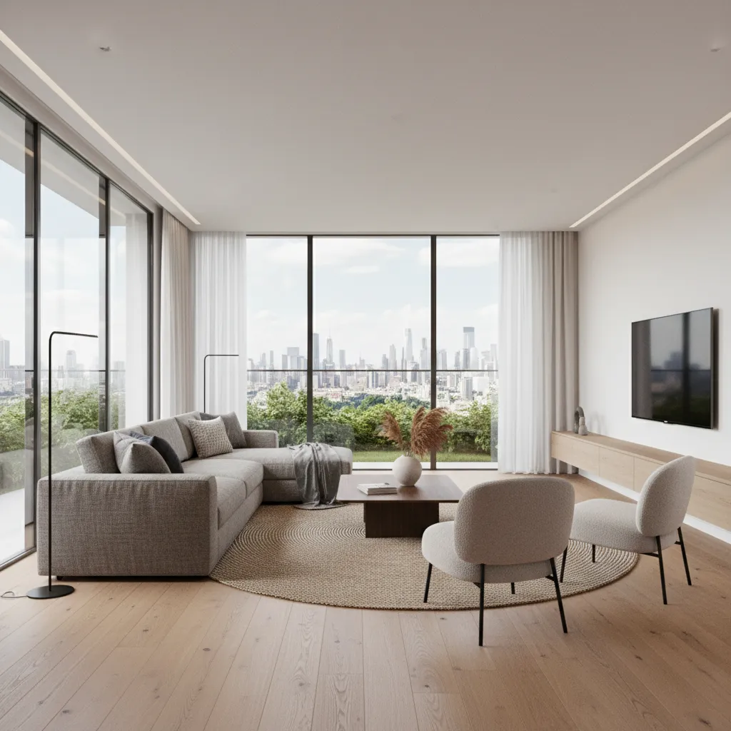 Photorealistic interior rendering of a modern living room used for design presentation