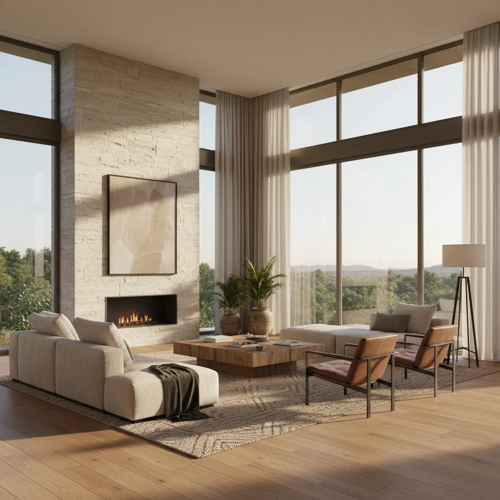 photorealistic interior rendering of modern living room created with rendering software