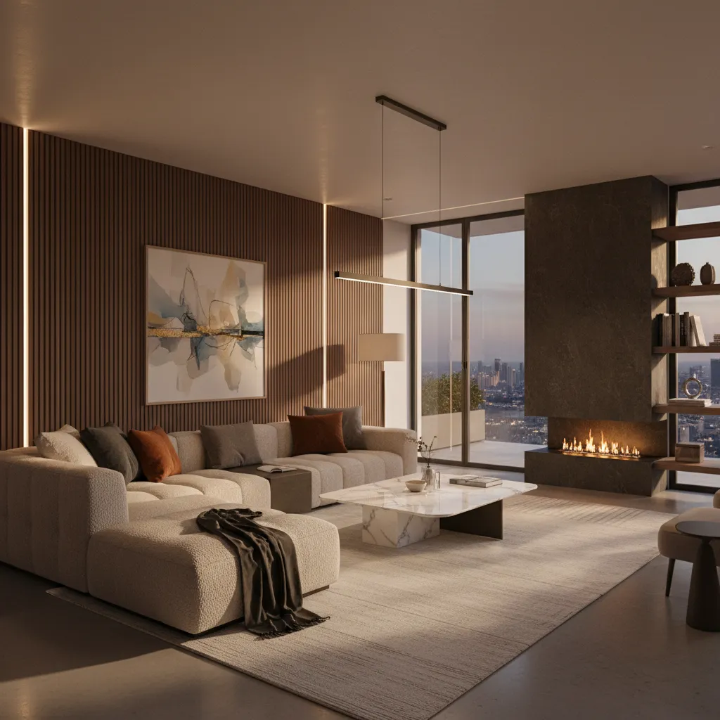 photorealistic interior render of luxury living room lighting and materials
