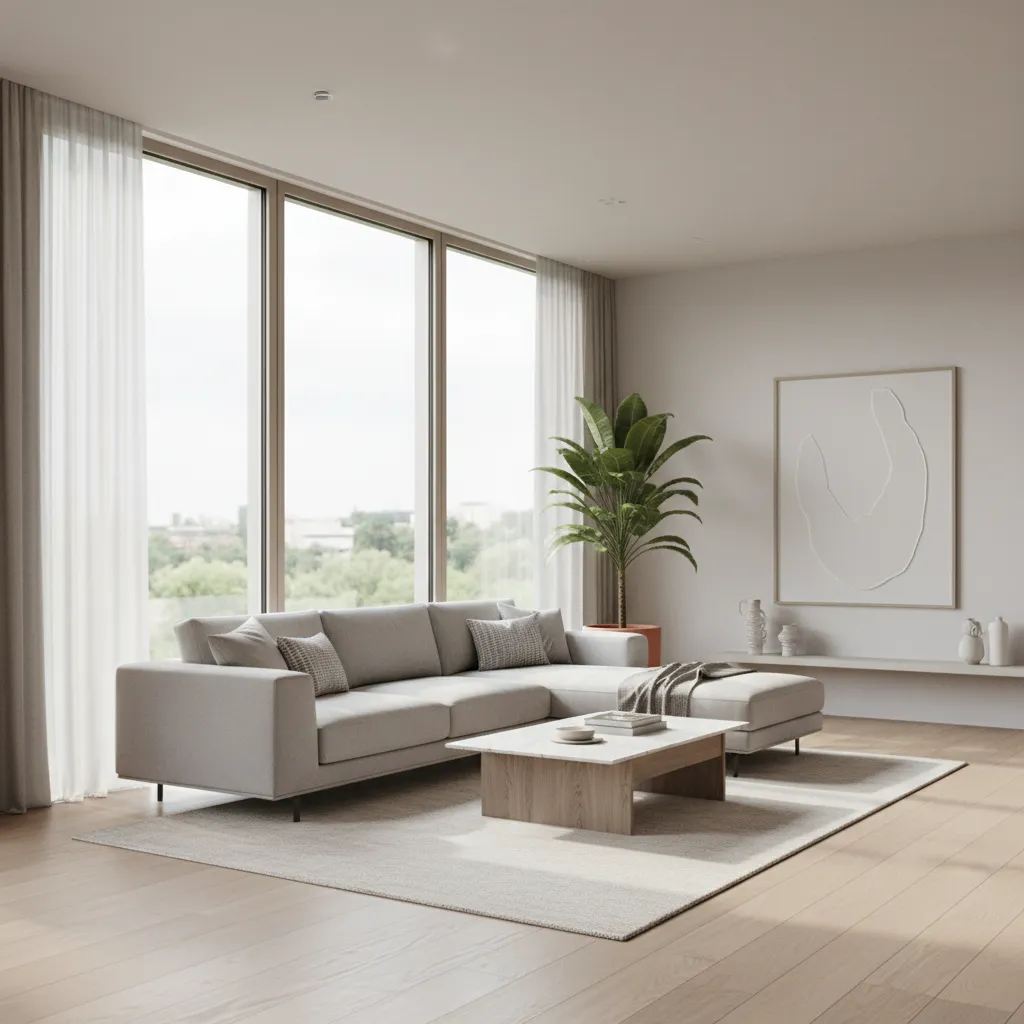 Photorealistic living room interior 3D rendering with modern furniture and natural lighting